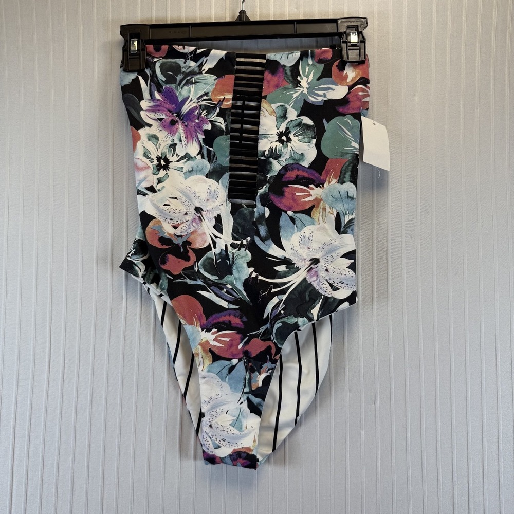 WET XS Swimwear Brie Reversible‎ Open Back One Piece Swimsuit Black Floral NWT